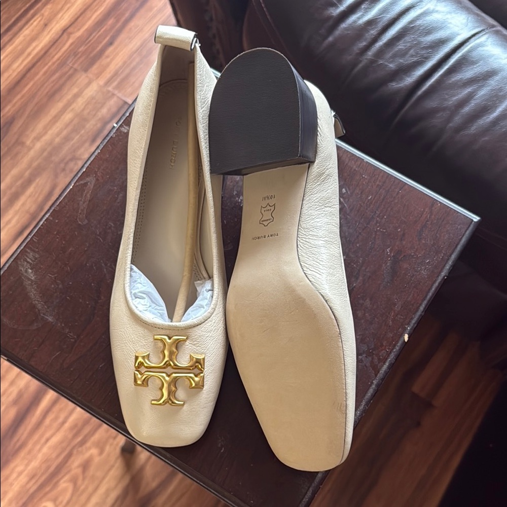 Tory Burch Cream Leather Logo Square-Toe Ballet Flats